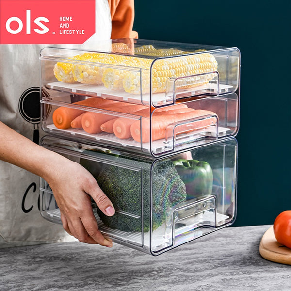 Food Storage Stackable Drawer Style Refrigerator Organizer Removable Drain Tray Fruit Vegetable