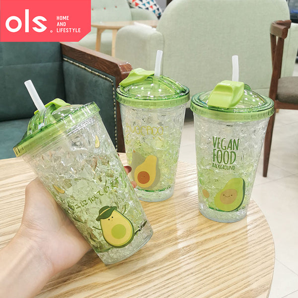 OLS 450ml Slide Lid Double Wall Clear Drinking Water Juice Avocado Design Plastic Tumbler with Straw