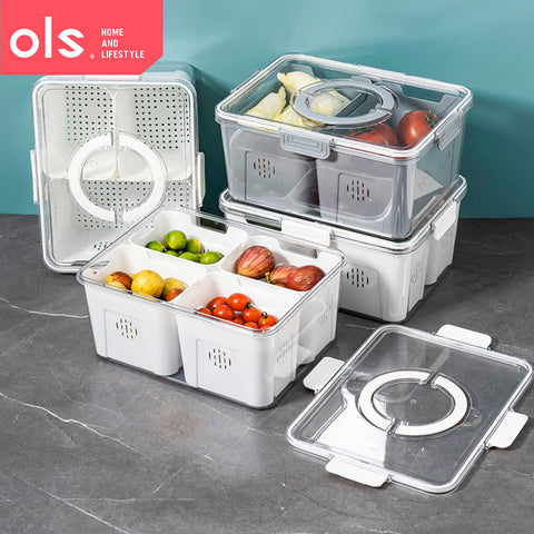 OLS Multi-compartment Refrigerator Storage Food Vegetable Drain Storage Organizer Box with Handle