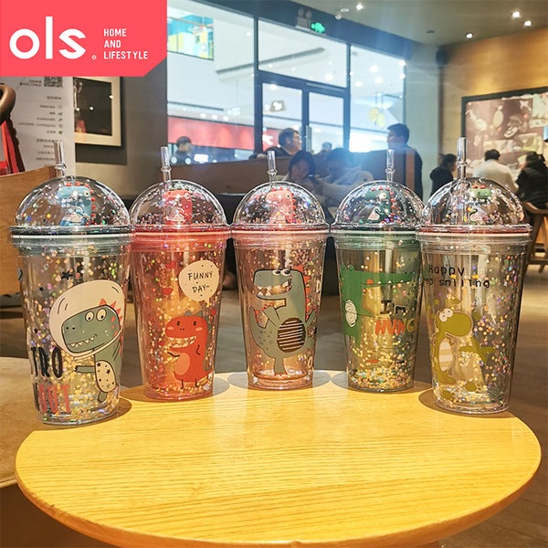 430ml Double Wall Clear Drinking Water Juice Cartoon Design Plastic Tumbler with Straw