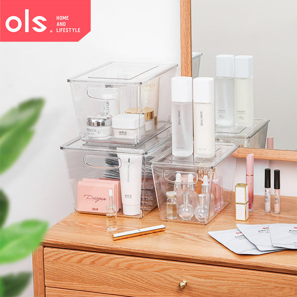 Transparent Cosmetics Organizer Makeup Condiments Food Pantry Bins Container Storage Box Desk Cutout Handle