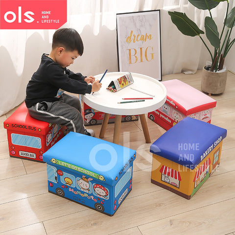 Foldable Bus Ottoman Kids Leather Storage Stool Box Toy Organizer