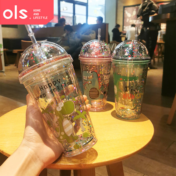 430ml Double Wall Clear Drinking Water Juice Cartoon Design Plastic Tumbler with Straw