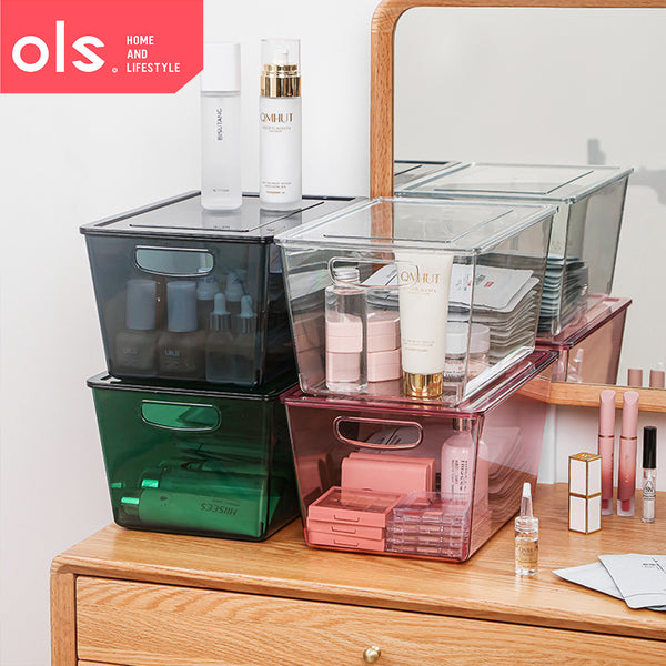 Transparent Cosmetics Organizer Makeup Condiments Food Pantry Bins Container Storage Box Desk Cutout Handle