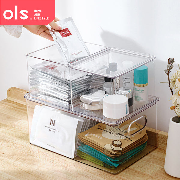 Transparent Desktop Organizer Makeup Pantry Food Bins Cosmetics Office Storage Box Desk Cutout Handle with Lid