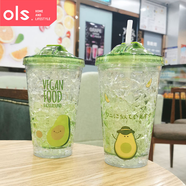 OLS 450ml Slide Lid Double Wall Clear Drinking Water Juice Avocado Design Plastic Tumbler with Straw