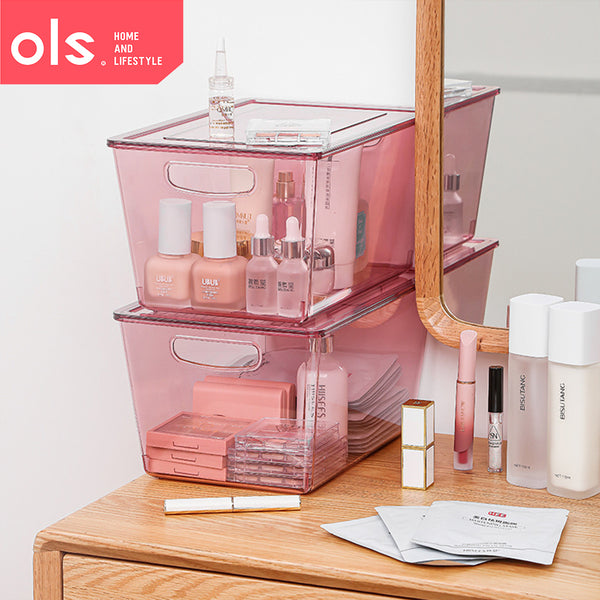 Transparent Cosmetics Organizer Makeup Condiments Food Pantry Bins Container Storage Box Desk Cutout Handle