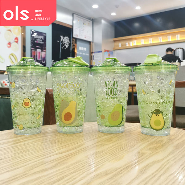 OLS 450ml Slide Lid Double Wall Clear Drinking Water Juice Avocado Design Plastic Tumbler with Straw