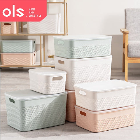 Storage Shelf Organizer Plastic Container Box With Lid Cover Cutout Handle Waffle Print