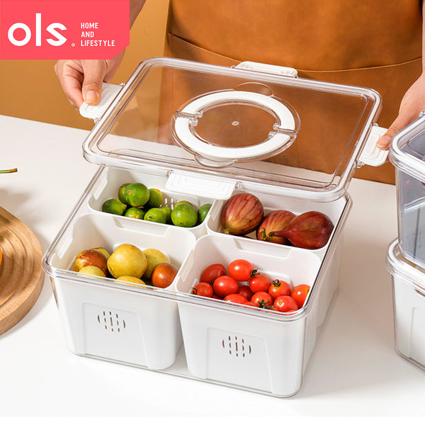 OLS Multi-compartment Refrigerator Storage Food Vegetable Drain Storage Organizer Box with Handle