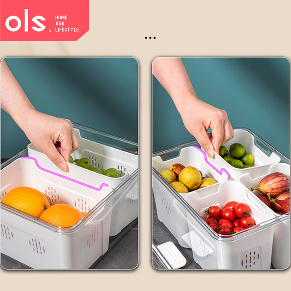 OLS Multi-compartment Refrigerator Storage Food Vegetable Drain Storage Organizer Box with Handle