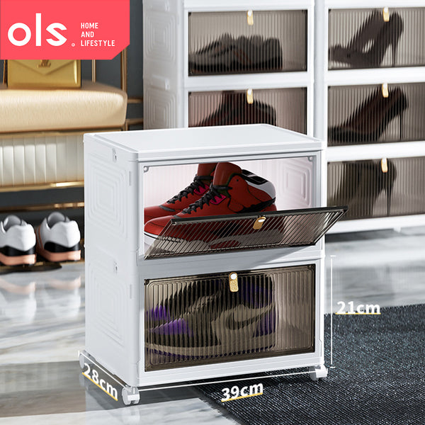 Foldable Shoe Storage Box Stackable Sneakers Display Magnetic Door Cabinet with Wheels