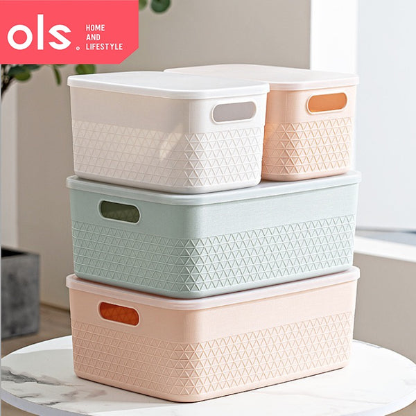 Storage Shelf Organizer Plastic Container Box With Lid Cover Cutout Handle Waffle Print