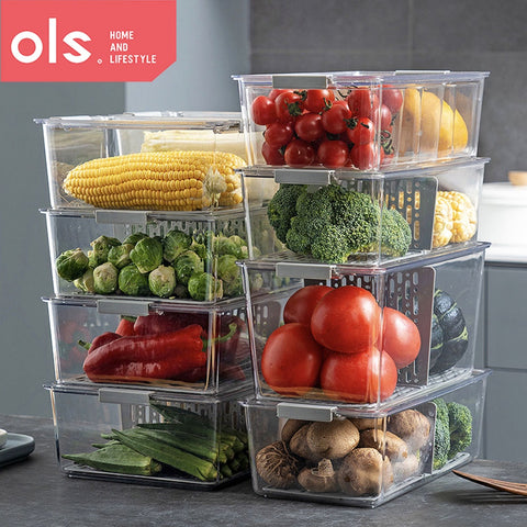 Multifunctional Refrigerator Food Organizer with Drainer Fridge Fruit Storage with Lid Container