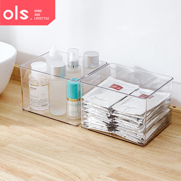 Transparent Desktop Organizer Makeup Pantry Food Bins Cosmetics Office Storage Box Desk Cutout Handle with Lid