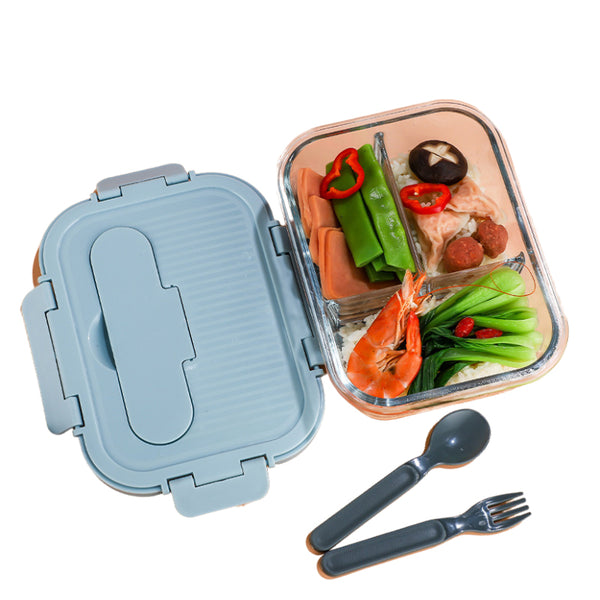 Glass Food Keeper Airtight Leakproof Crisper Microwaveable Oven Safe Lunch Box Bento with Spoon Fork