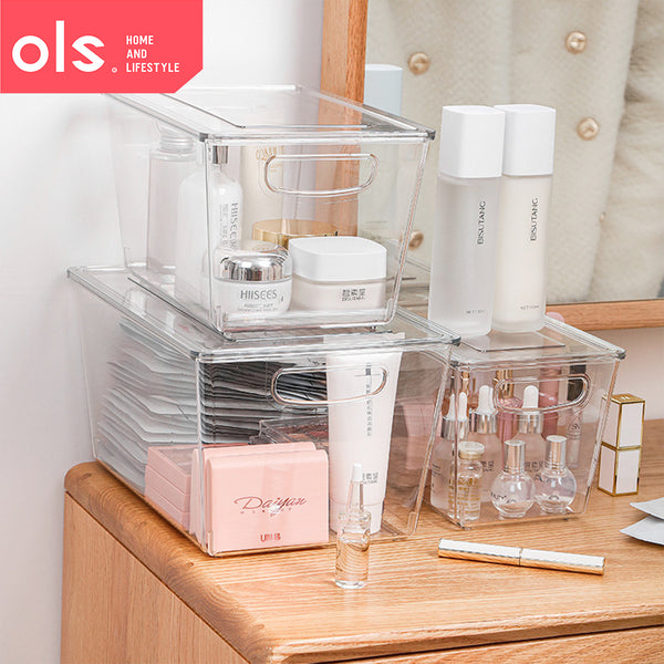 Transparent Cosmetics Organizer Makeup Condiments Food Pantry Bins Container Storage Box Desk Cutout Handle