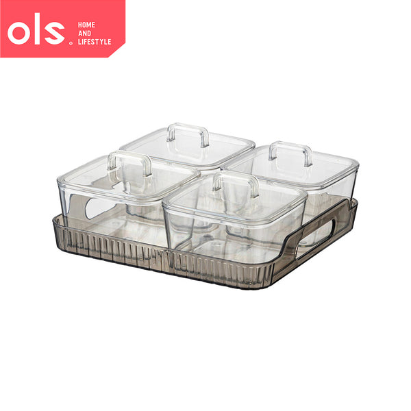 Nordic Style Transparent Serveware Fruits Snacks Appetizer Condiments Organizer 4pc Container with Lid and Tray