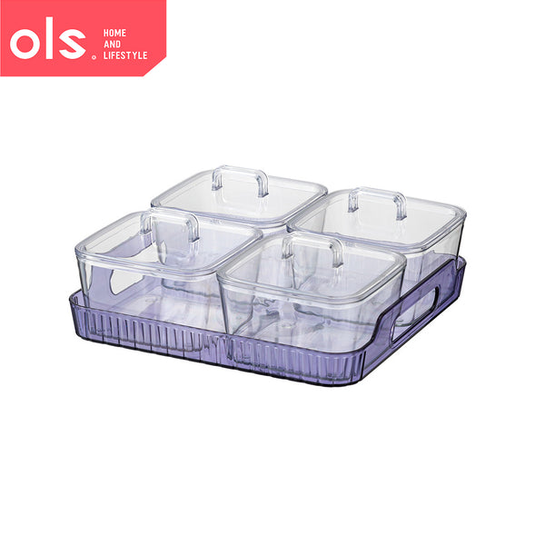 Nordic Style Transparent Serveware Fruits Snacks Appetizer Condiments Organizer 4pc Container with Lid and Tray