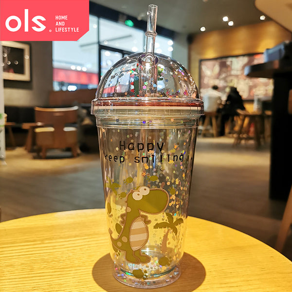 430ml Double Wall Clear Drinking Water Juice Cartoon Design Plastic Tumbler with Straw