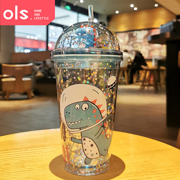 430ml Double Wall Clear Drinking Water Juice Cartoon Design Plastic Tumbler with Straw