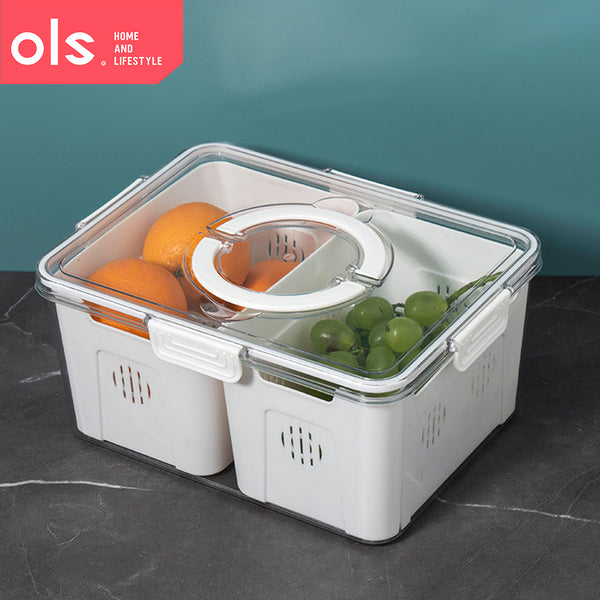 OLS Multi-compartment Refrigerator Storage Food Vegetable Drain Storage Organizer Box with Handle