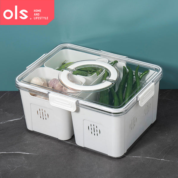 OLS Multi-compartment Refrigerator Storage Food Vegetable Drain Storage Organizer Box with Handle