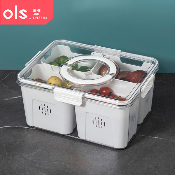 OLS Multi-compartment Refrigerator Storage Food Vegetable Drain Storage Organizer Box with Handle