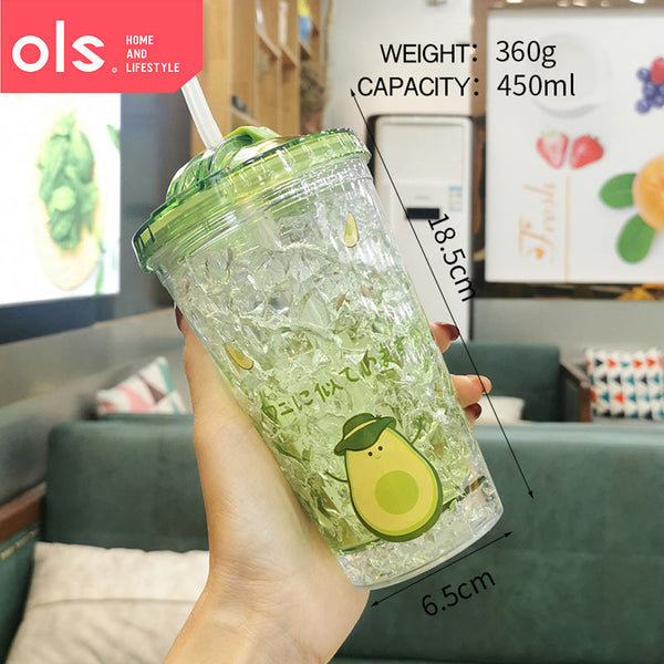 OLS 450ml Slide Lid Double Wall Clear Drinking Water Juice Avocado Design Plastic Tumbler with Straw