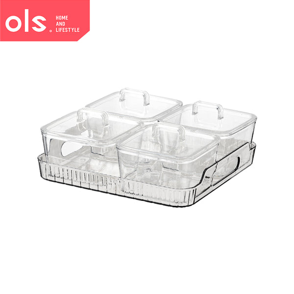 Nordic Style Transparent Serveware Fruits Snacks Appetizer Condiments Organizer 4pc Container with Lid and Tray