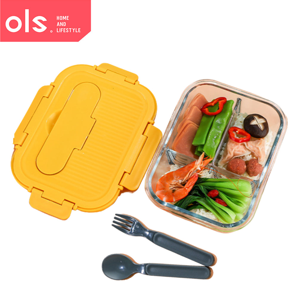 Glass Food Keeper Airtight Leakproof Crisper Microwaveable Oven Safe Lunch Box Bento with Spoon Fork