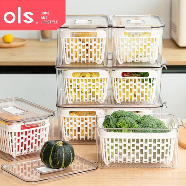 Acrylic Fridge Organizer with Strainer/Divider Vegetable Fruit Keep Fresh Container Freezer Safe