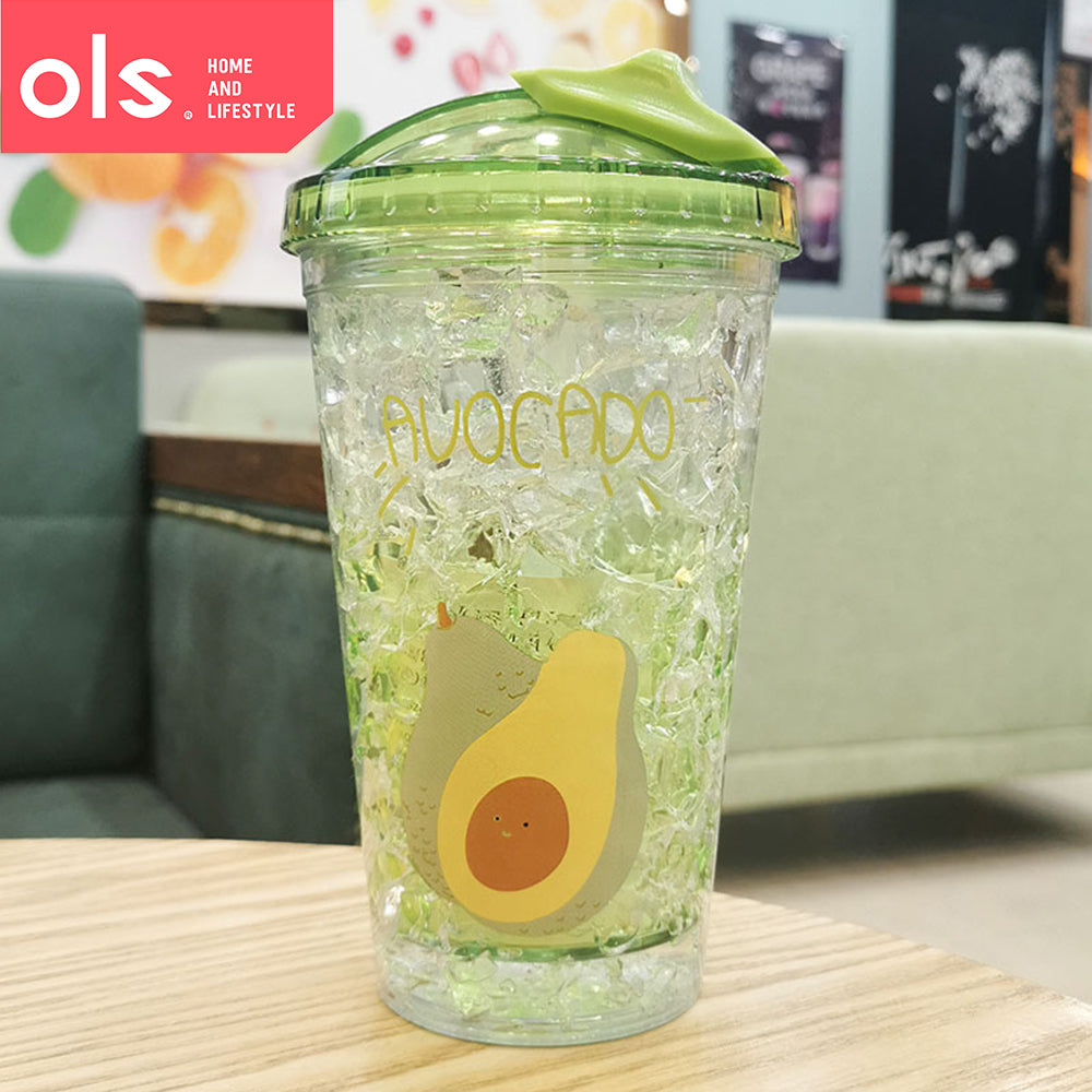 OLS 450ml Slide Lid Double Wall Clear Drinking Water Juice Avocado Design Plastic Tumbler with Straw