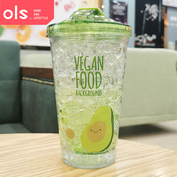 OLS 450ml Slide Lid Double Wall Clear Drinking Water Juice Avocado Design Plastic Tumbler with Straw