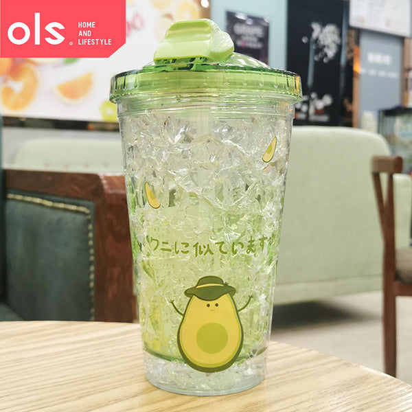 OLS 450ml Slide Lid Double Wall Clear Drinking Water Juice Avocado Design Plastic Tumbler with Straw