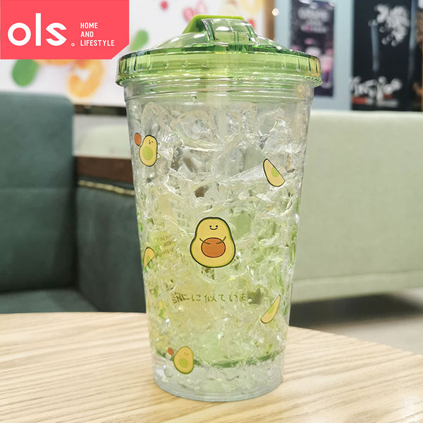 OLS 450ml Slide Lid Double Wall Clear Drinking Water Juice Avocado Design Plastic Tumbler with Straw