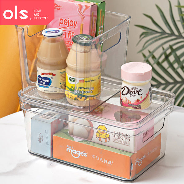 Transparent Pantry Organizer Makeup Condiments Food Bins Container Storage Box Desk Cutout Handle WITH LID/COVER