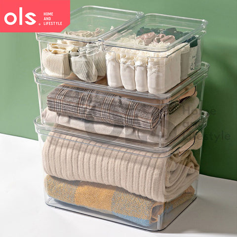 Transparent Pantry Organizer Makeup Condiments Food Bins Container Storage Box Desk Cutout Handle WITH LID/COVER