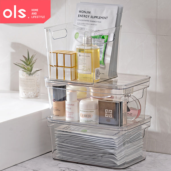 Transparent Pantry Organizer Makeup Condiments Food Bins Container Storage Box Desk Cutout Handle WITH LID/COVER