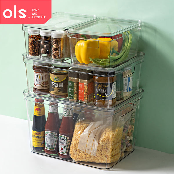 Transparent Pantry Organizer Makeup Condiments Food Bins Container Storage Box Desk Cutout Handle WITH LID/COVER